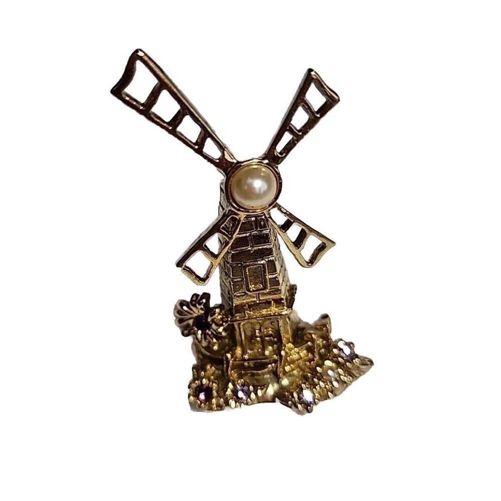 Windmill Bejeweled Faux Pearl & Lavender Rhinestones GoldTone Metal Pin Brooch - Picture 6 of 10